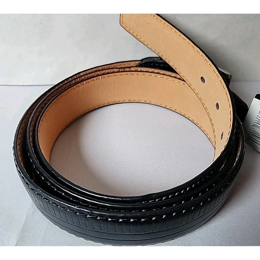 NWT‎ Men's 2XL 46-48 Black Genuine Leather Dress Belt Ridged Silver Buckle New